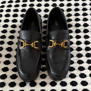 Zara Wmen’s Black leather lug loafers with Gold Detail